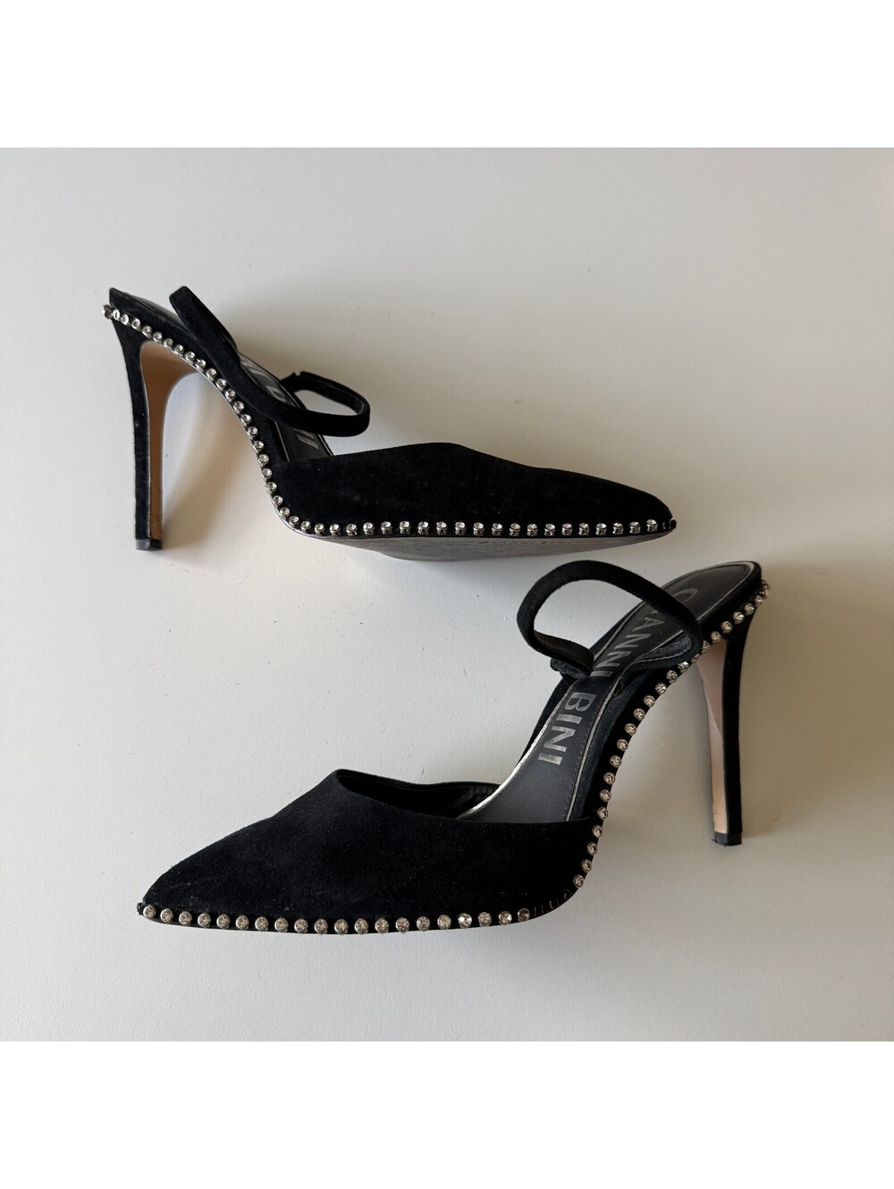 Gianni Bini Black Suede Rhinestone Trim Slingback Pointed Heels Sz 10